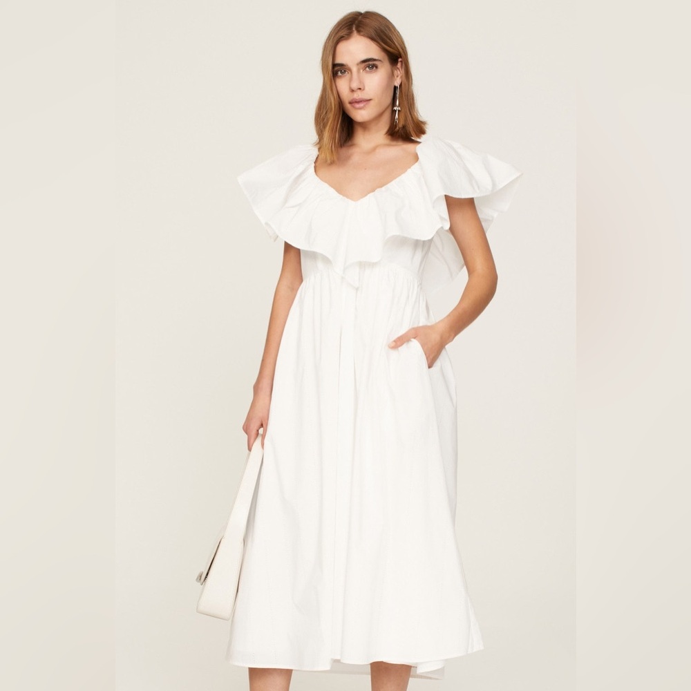 Adam Lippes x RTR Eyelet Ruffle‎ Dress in White Cotton Poplin Midi Dress size 0